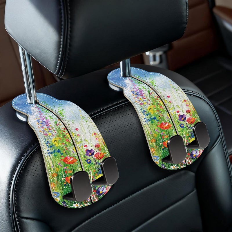 Blusabaca 2PCS Car Seat Back Storage Headrest Hooks, Floral Spring Purse Holder Bags Hanger, PU Leather Double Metal Hook for Backseat Organizer, Women Car Accessories Organization - Image 1